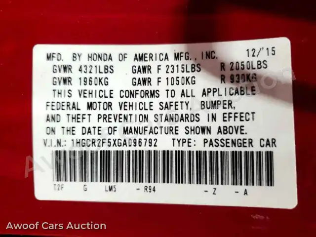 2016 Honda Accord 1HGCR2F5XGA096792 — Copart auction photo 12