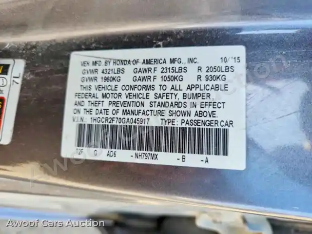 2016 Honda Accord 1HGCR2F70GA045917 — Copart auction photo 12