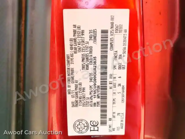 2016 Ford Escape 1FMCU9G99GUA23835 — Copart auction photo 12