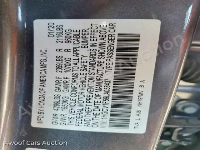 2020 Honda Accord 1HGCV1F59LA058437 — Copart auction photo 12