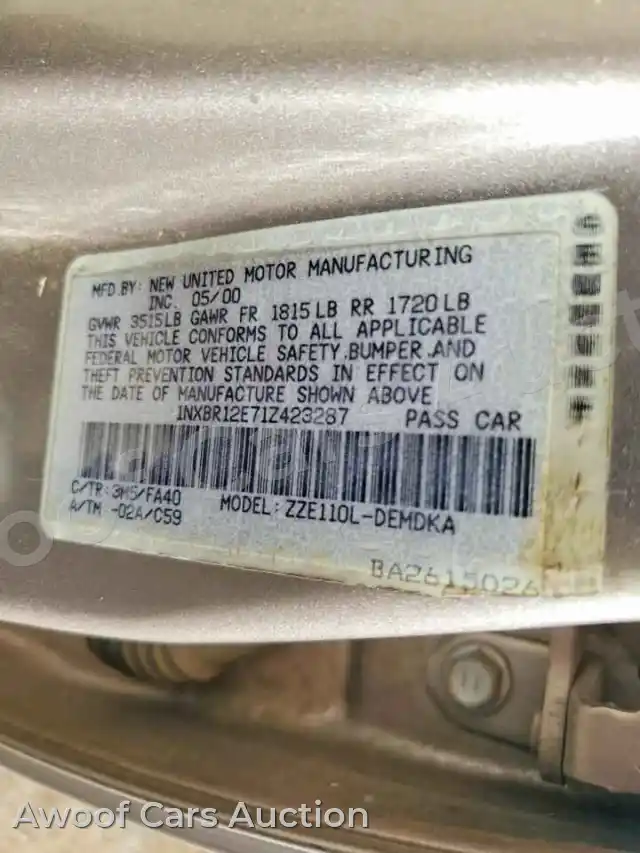 2001 Toyota Corolla 1NXBR12E71Z423287 — hoton gwanjo Copart na 12