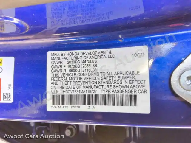 2021 Honda Accord 1HGCV1F31MA118727 — hoton gwanjo Copart na 12