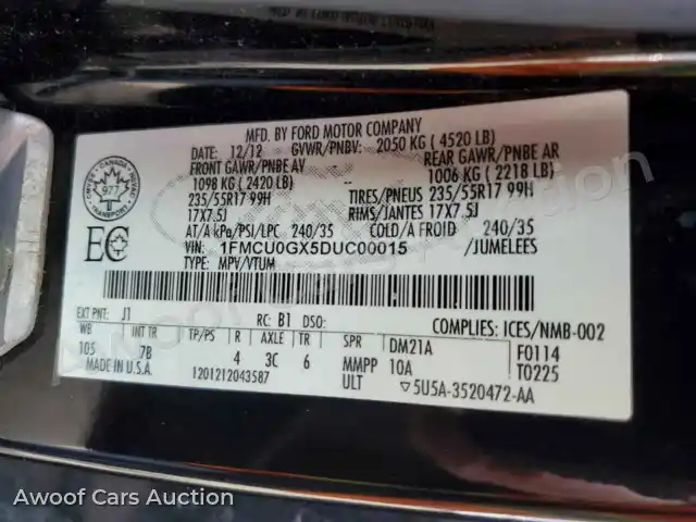 2013 Ford Escape 1FMCU0GX5DUC00015 — Copart auction photo 13