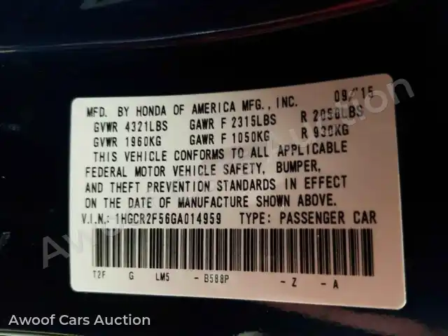 2016 Honda Accord 1HGCR2F56GA014959 — Manheim auction photo 6