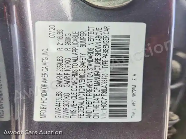 2020 Honda Accord 1HGCV1F36LA098795 — Copart auction photo 12