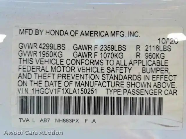 2020 Honda Accord 1HGCV1F1XLA150251 — photo 13 de la vente Copart