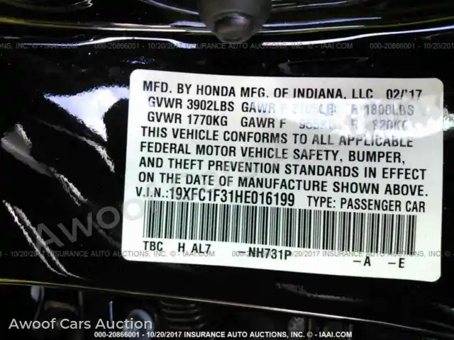 2017 Honda Civic 19XFC1F31HE016199 — Iaai auction photo 9