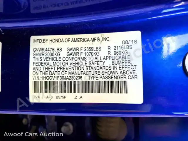 2018 Honda Accord 1HGCV1F30JA230236 — hoton gwanjo Copart na 12