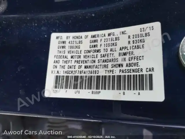 2015 Honda Accord 1HGCR2F78FA138893 — Iaai auction photo 9