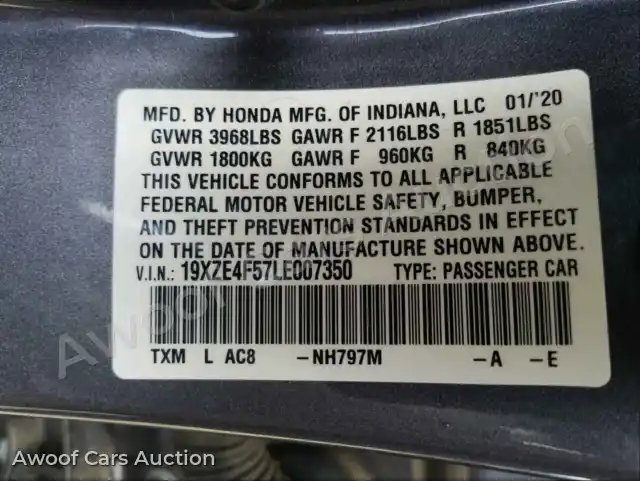 2020 Honda Insight 19XZE4F57LE007350 — photo 10 de la vente Copart
