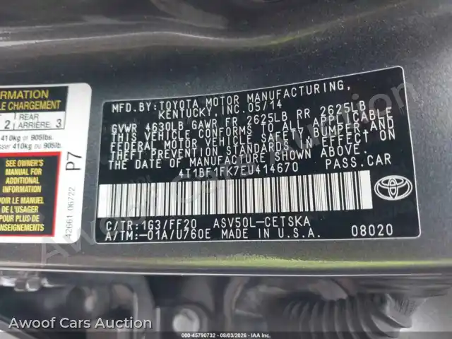 2014 Toyota Camry 4T1BF1FK7EU414670 — Iaai auction photo 9