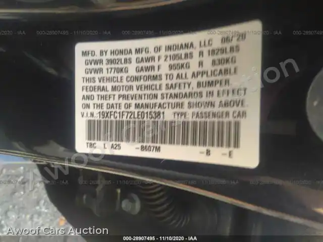 2020 Honda Civic Sedan 19XFC1F72LE015381 — Iaai auction photo 9
