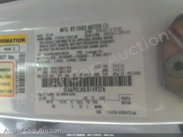 2020 Ford Fusion Hybrid 3FA6P0LU0LR149376 — Iaai auction photo 9