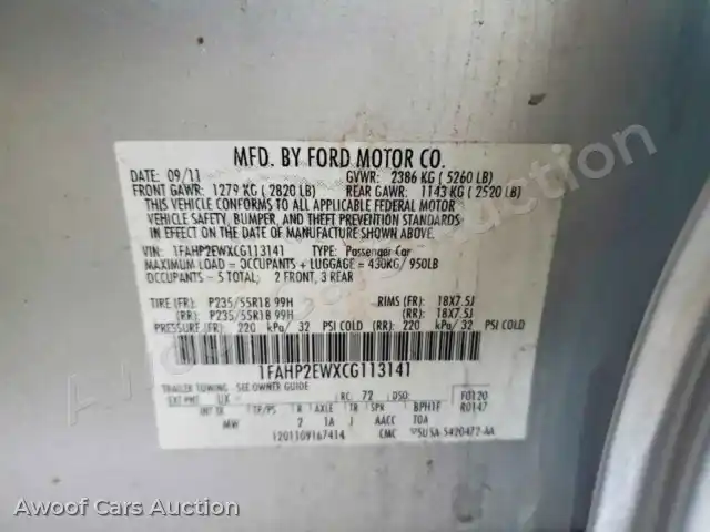 2012 Ford Taurus 1FAHP2EWXCG113141 — Copart auction photo 12