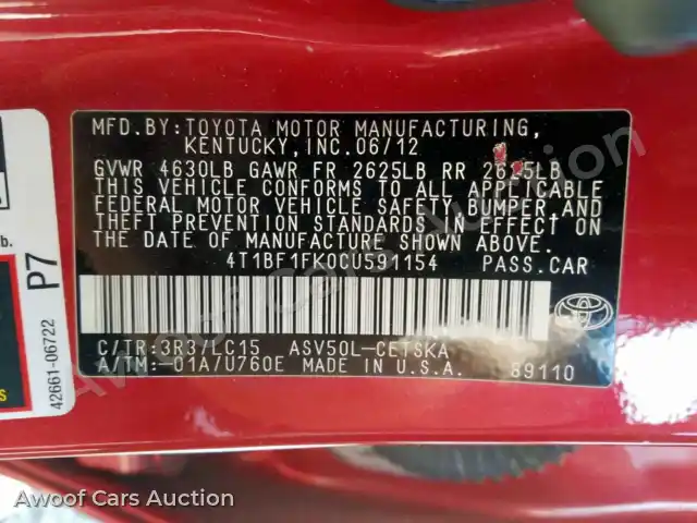 2012 Toyota Camry 4T1BF1FK0CU591154 — Copart auction photo 10