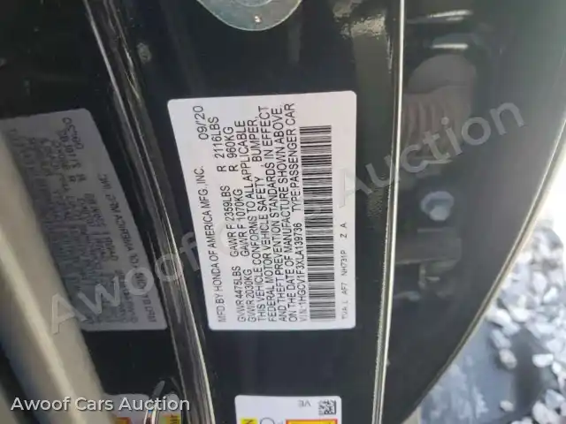 2020 Honda Accord 1HGCV1F3XLA139736 — Copart auction photo 12