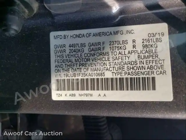 2019 Acura TLX 19UUB1F35KA010685 — Copart auction photo 10