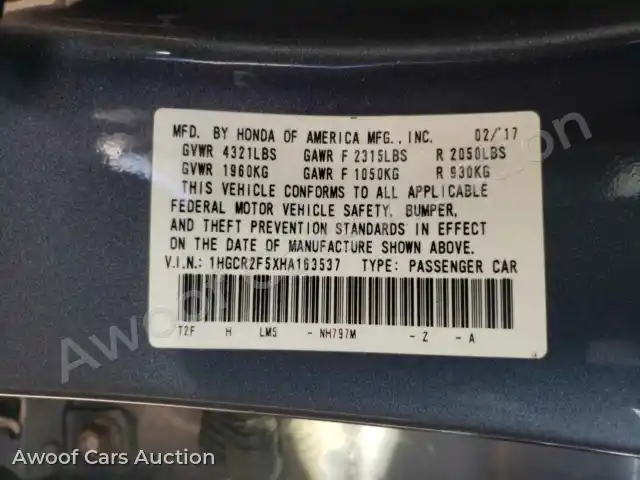 2017 Honda Accord 1HGCR2F5XHA163537 — Copart auction photo 12