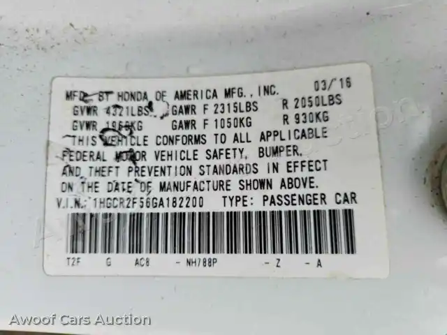 2016 Honda Accord 1HGCR2F56GA182200 — Copart auction photo 12