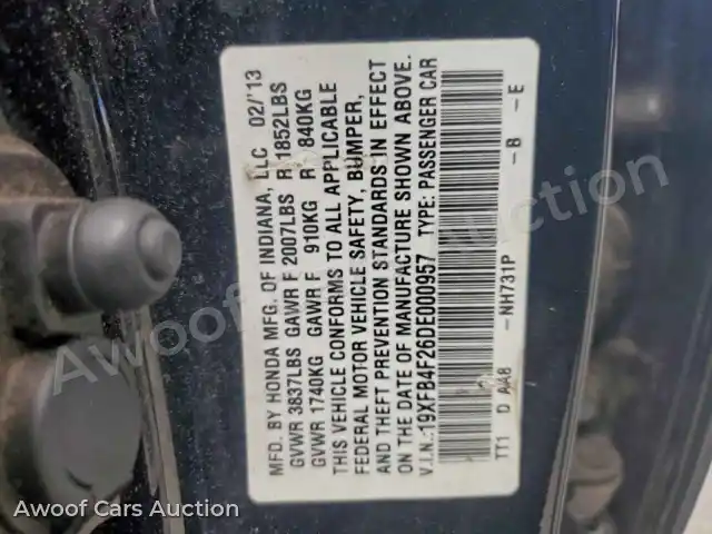 2013 Honda Civic 19XFB4F26DE000957 — Copart auction photo 12