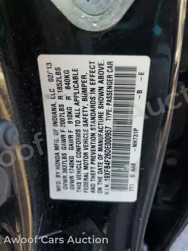 2013 Honda Civic 19XFB4F26DE000957 — Copart auction photo 12