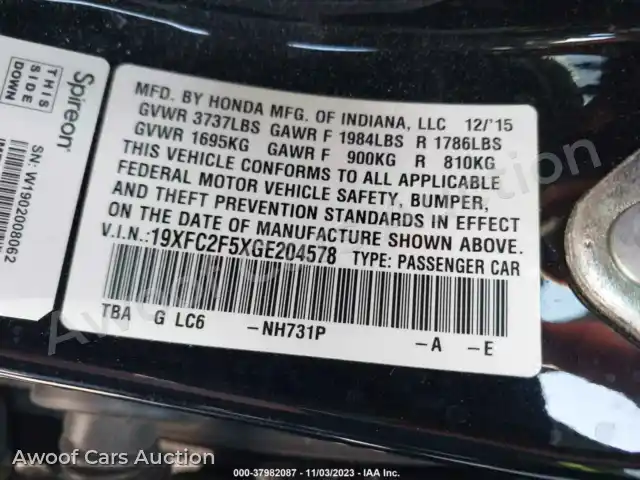 2016 Honda Civic 19XFC2F5XGE204578 — Iaai auction photo 9