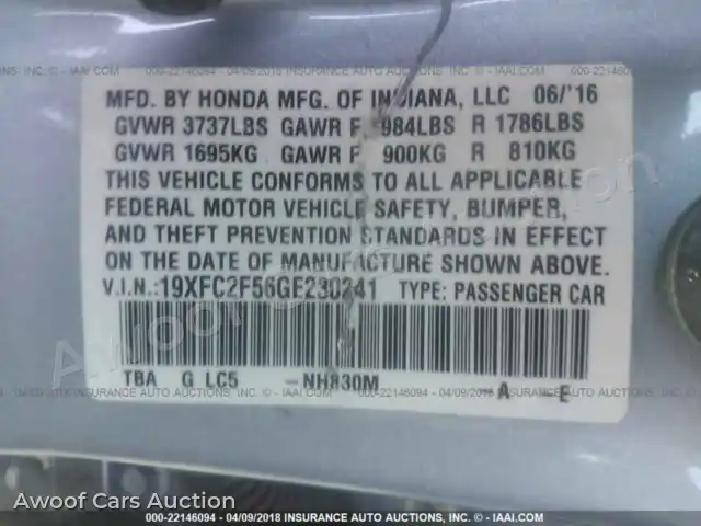 2016 Honda Civic 19XFC2F56GE230241 — Iaai auction photo 9