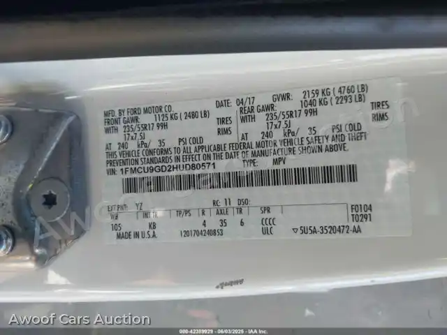 2017 Ford Escape 1FMCU9GD2HUD80571 — Iaai auction photo 9