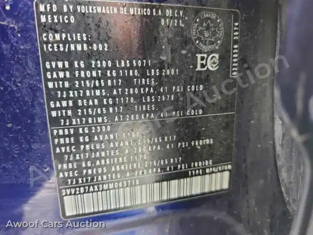 2021 Volkswagen Tiguan 3VV2B7AX3MM063718 — hoton gwanjo Copart na 12