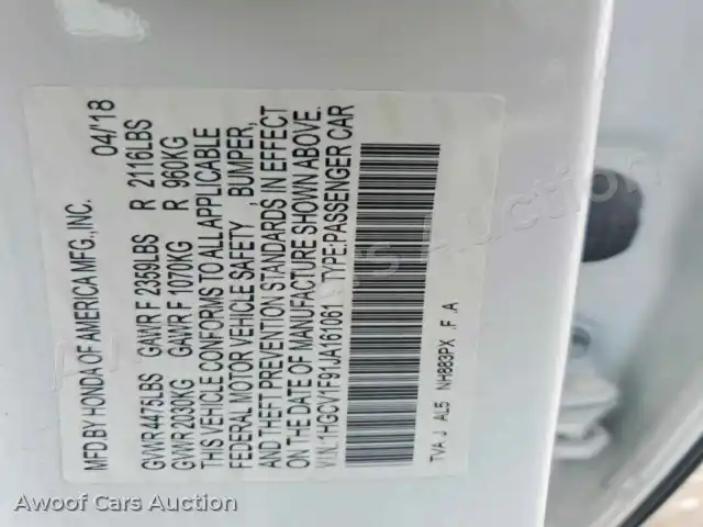 2018 Honda Accord 1HGCV1F91JA161061 — photo 12 de la vente Copart