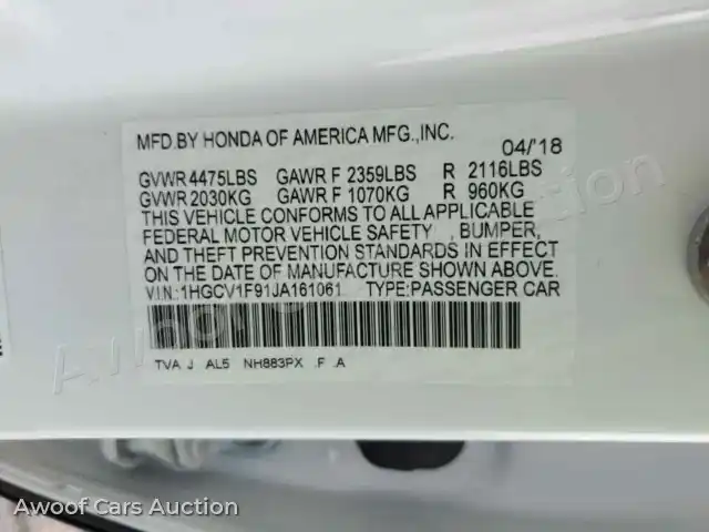 2018 Honda Accord 1HGCV1F91JA161061 — photo 12 de la vente Manheim
