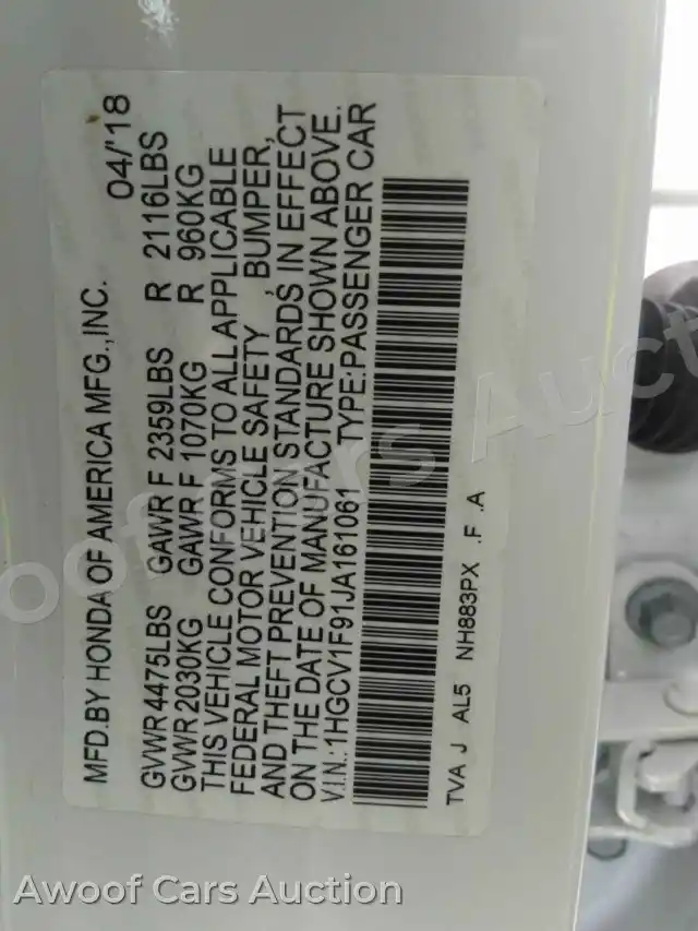 2018 Honda Accord 1HGCV1F91JA161061 — photo 6 de la vente Manheim