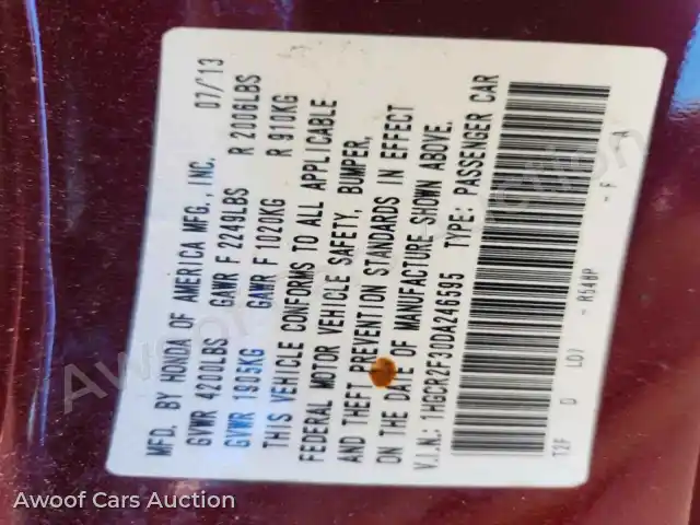 2013 Honda Accord 1HGCR2F30DA246595 — Copart auction photo 12
