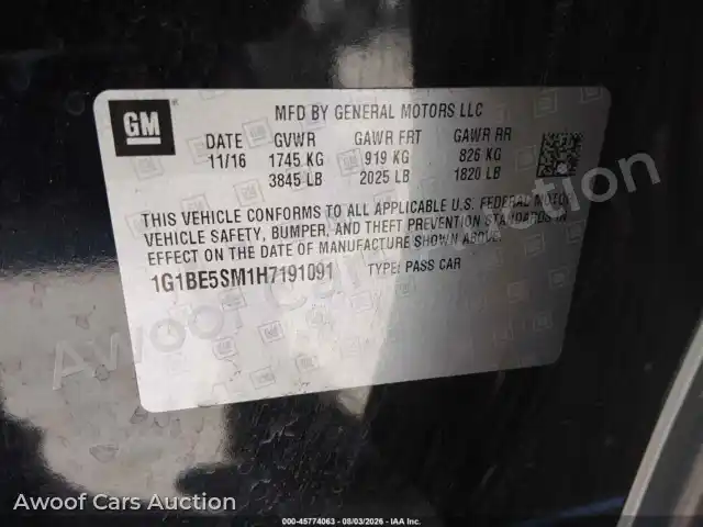 2017 Chevrolet Cruze 1G1BE5SM1H7191091 — Iaai auction photo 9