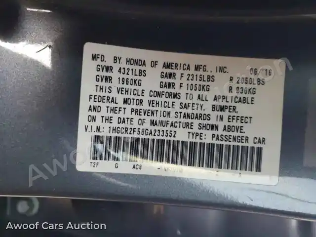 2016 Hond Accord 1HGCR2F58GA233552 — Copart auction photo 12