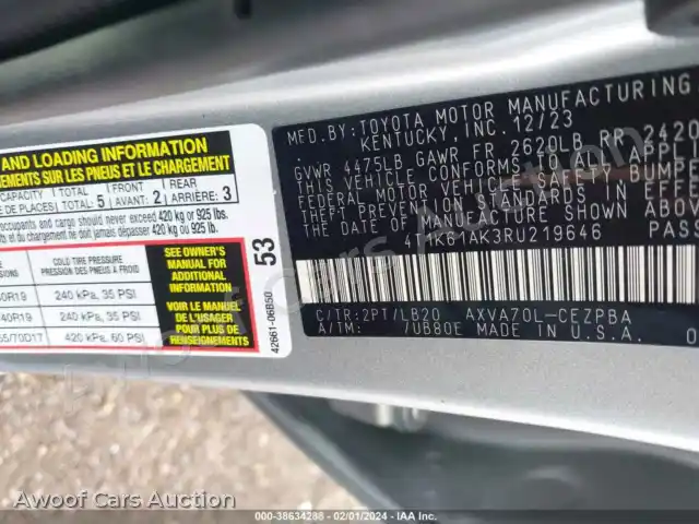 2024 Toyota Camry 4T1K61AK3RU219646 — photo 9 de la vente Iaai