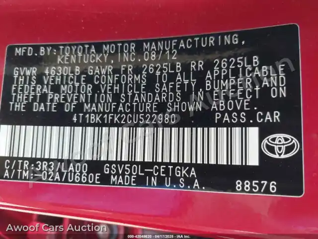 2012 Toyota Camry 4T1BK1FK2CU522980 — Iaai auction photo 9