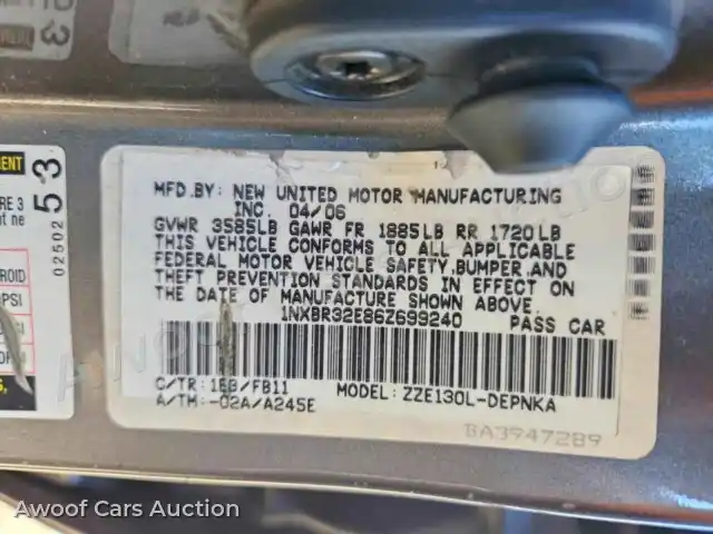 2006 Toyota Corolla 1NXBR32E86Z699240 — hoton gwanjo Copart na 12
