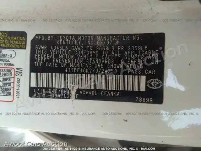 2007 Toyota Camry 4T1BE46K27U724250 — Iaai auction photo 9
