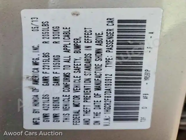 2013 Honda Accord 1HGCR2F87DA190912 — hoton gwanjo Copart na 12