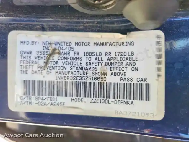 2005 Toyota Corolla 1NXBR32E35Z516650 — hoton gwanjo Copart na 12