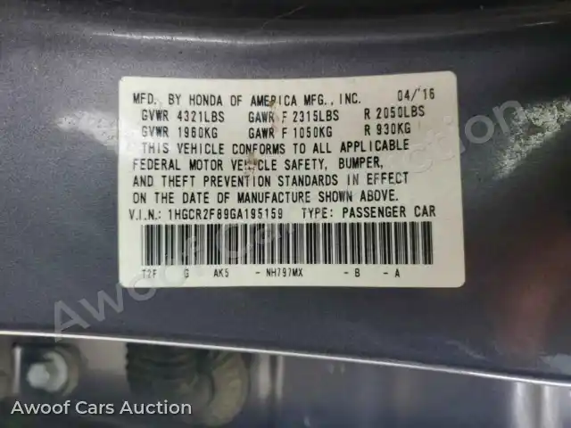 2016 Honda Accord 1HGCR2F89GA195159 — Copart auction photo 12