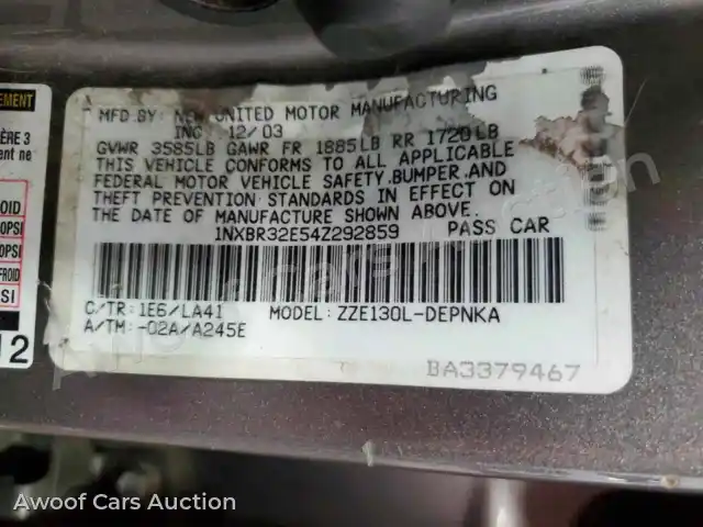 2004 Toyota Corolla 1NXBR32E54Z292859 — hoton gwanjo Copart na 12