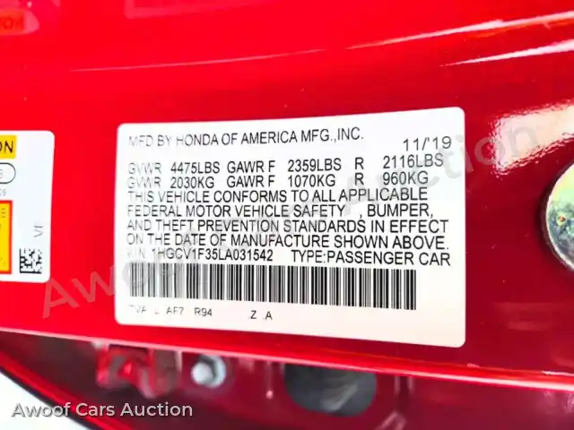 2020 Honda Accord 1HGCV1F35LA031542 — Copart auction photo 12