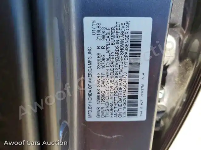 2019 Honda Accord 1HGCV1F54KA041480 — Copart auction photo 12