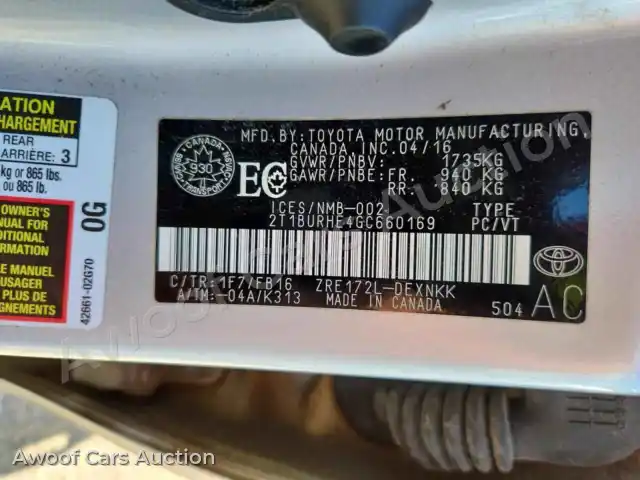 2016 Toyota Corolla 2T1BURHE4GC660169 — Copart auction photo 12