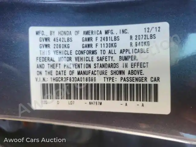 2013 Honda Accord 1HGCR3F83DA018866 — hoton gwanjo Copart na 12