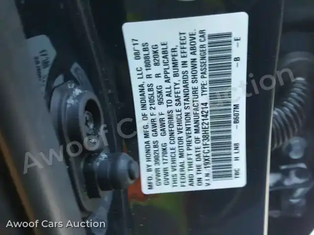 2017 Honda Civic 19XFC1F38HE214214 — Copart auction photo 10