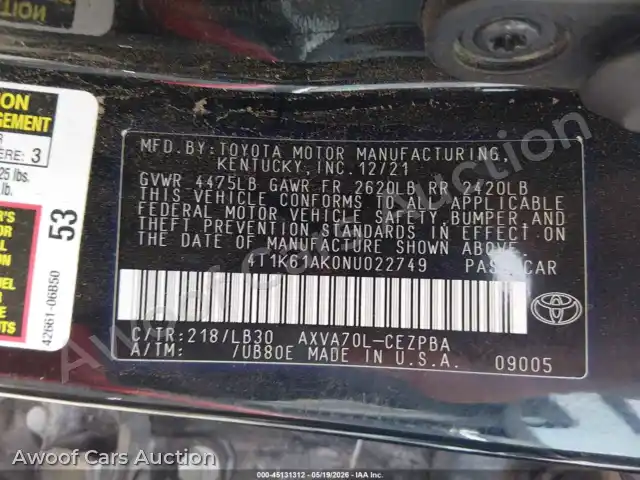 2022 Toyota Camry 4T1K61AK0NU022749 — Iaai auction photo 9