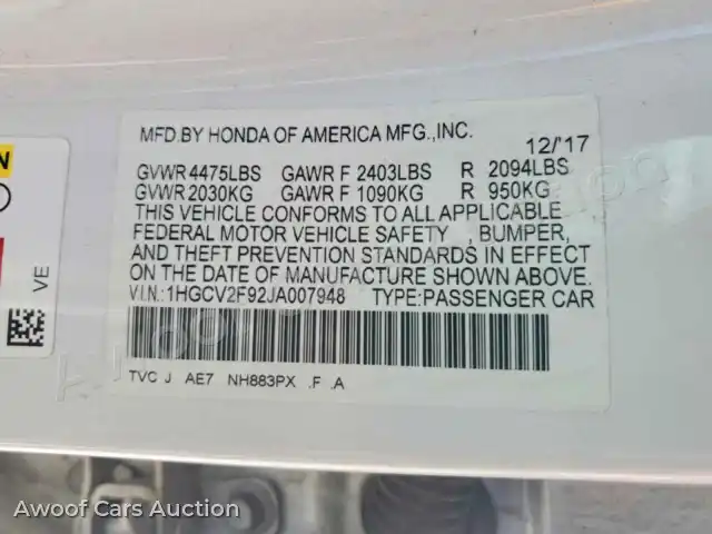 2018 Honda Accord 1HGCV2F92JA007948 — hoton gwanjo Copart na 12